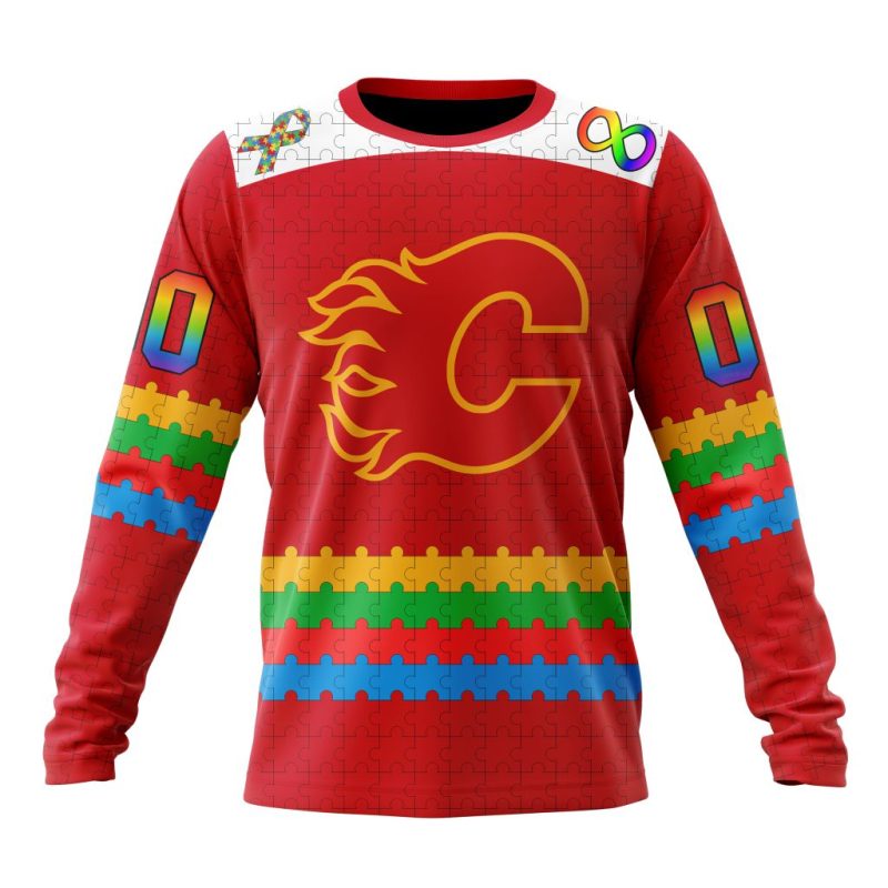 NHL Calgary Flames Special Autism Awareness Design Performance Long Sleeve Shirt