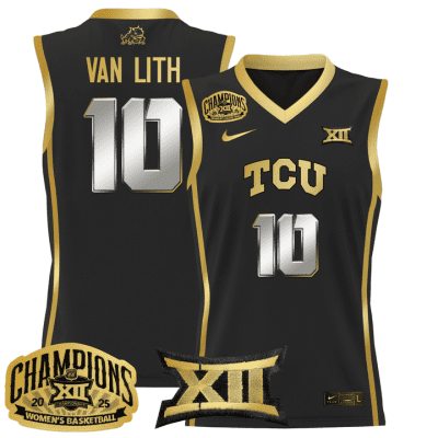 TCU Horned Frogs 2025 BIG 12 Women's Conference Tournament Champions Lightweight Basketball Jersey - Black Gold Hailey Van Lith
