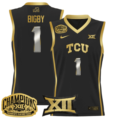 TCU Horned Frogs 2025 BIG 12 Women's Conference Tournament Champions Lightweight Basketball Jersey - Black Gold Taylor Bigby