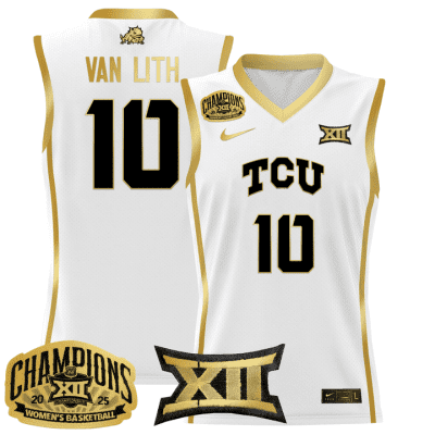TCU Horned Frogs 2025 BIG 12 Women's Conference Tournament Champions Lightweight Basketball Jersey - White Gold Hailey Van Lith