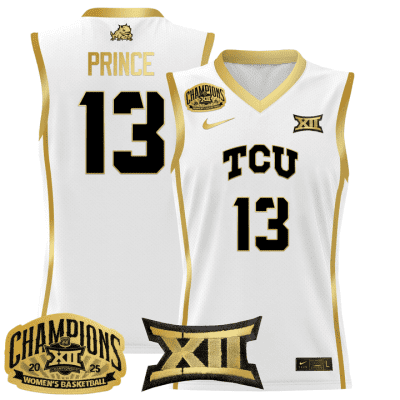 TCU Horned Frogs 2025 BIG 12 Women's Conference Tournament Champions Lightweight Basketball Jersey - White Gold Sedona Prince