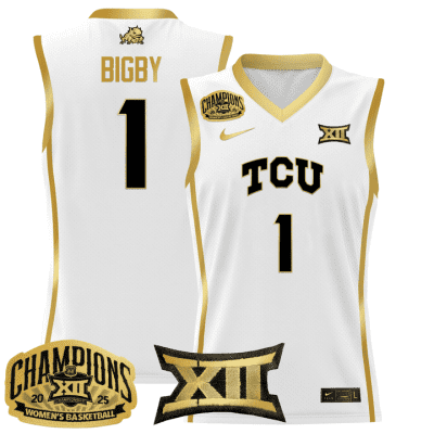 TCU Horned Frogs 2025 BIG 12 Women's Conference Tournament Champions Lightweight Basketball Jersey - White Gold Taylor Bigby
