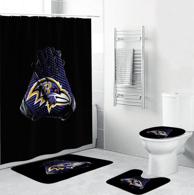 Baltimore Ravens Gloves Waterproof Shower Curtain Non-Slip Toilet Lid Cover Bath Mat Bathroom Set BRS4614