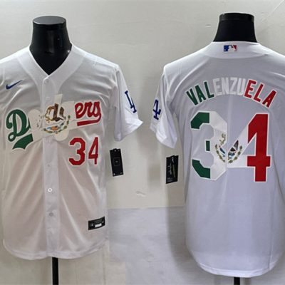 Los Angeles Dodgers #34 Fernando Valenzuela White Mexico Special Vin Scully Patch Stitched Baseball Jersey