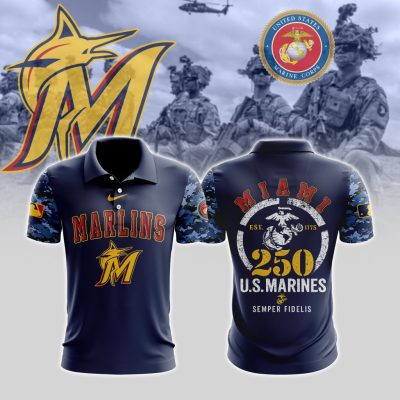 MLB Miami Marlins Special U.S.M.C 250th Birthday Polo Shirt