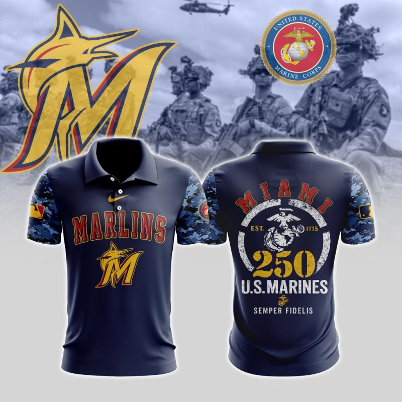 MLB Miami Marlins Special U.S.M.C 250th Birthday Polo Shirt