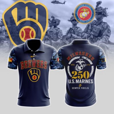 MLB Milwaukee Brewers Special U.S.M.C 250th Birthday Polo Shirt