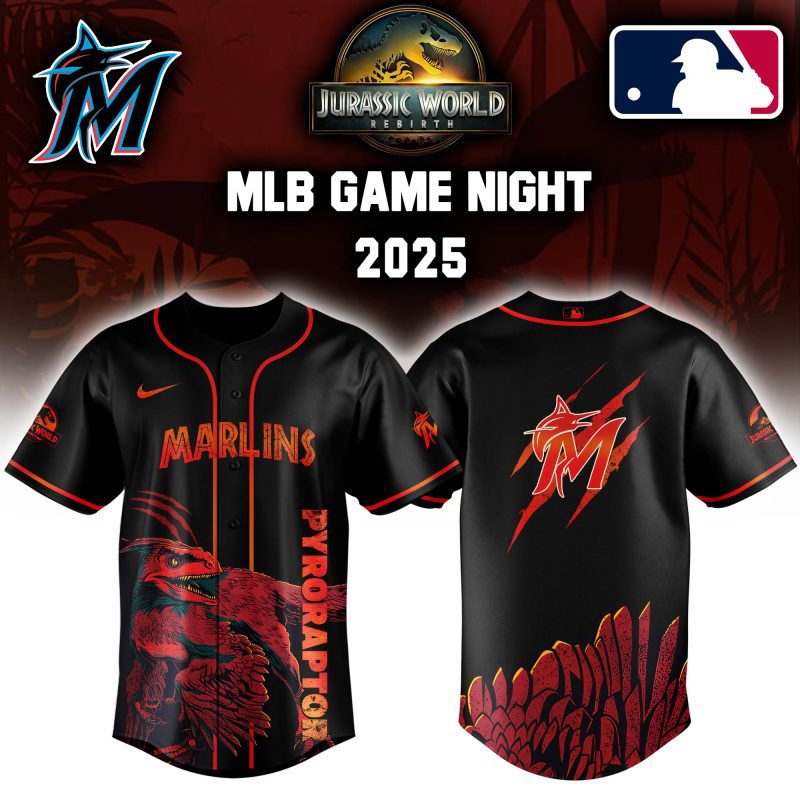 Miami Marlins MLB x Jurassic World Night Game 2025 Personalized Baseball Jersey For Fan JWB1029