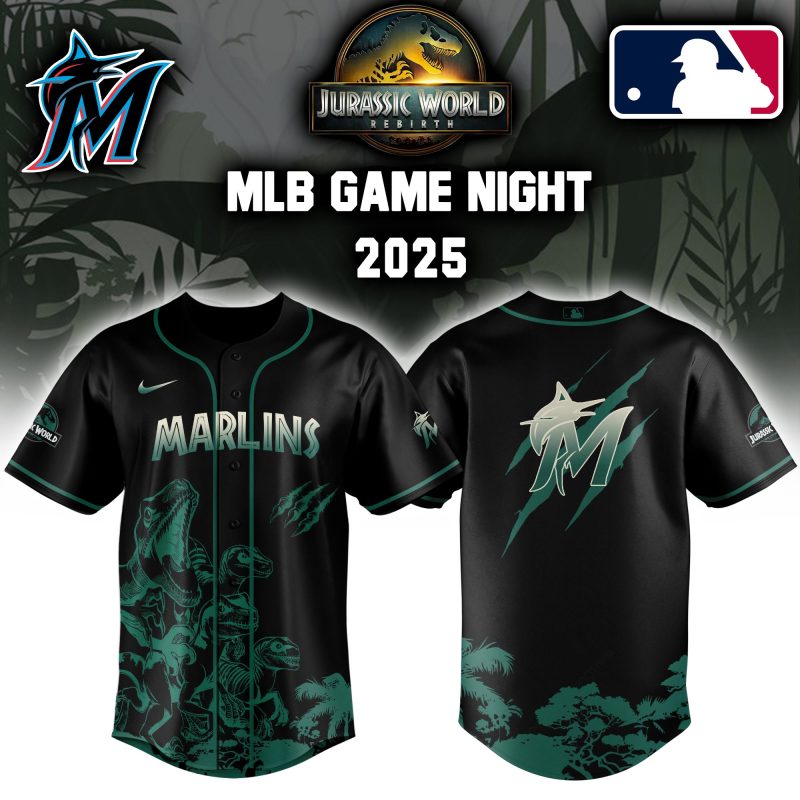 Miami Marlins MLB x Jurassic World Night Game 2025 Personalized Baseball Jersey For Fan JWB1030
