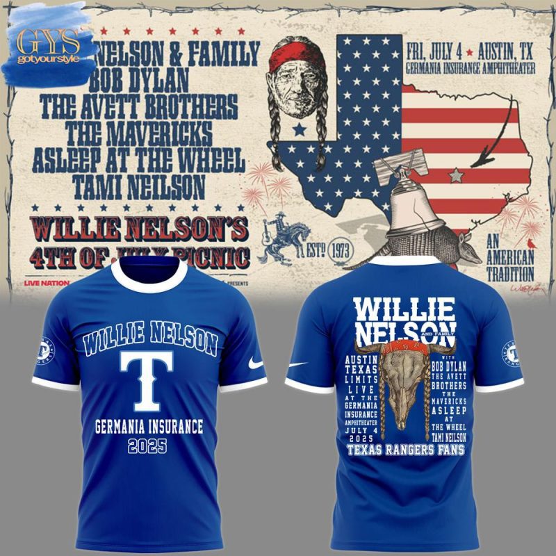 Texas Rangers Willie Nelson Germania Insurance Unisex Performance T-Shirt
