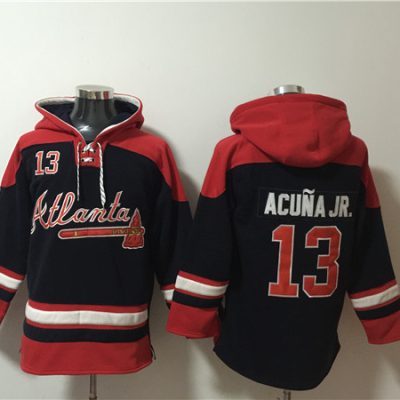 Atlanta Braves #13 Ronald Acuna Jr. Navy/Red Ageless Lace-Up Pullover Hoodie
