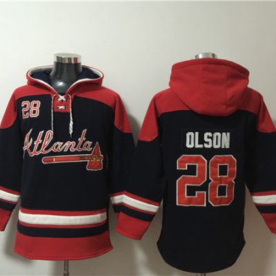 Atlanta Braves #28 Matt Olson Navy/Red Ageless Lace-Up Pullover Hoodie