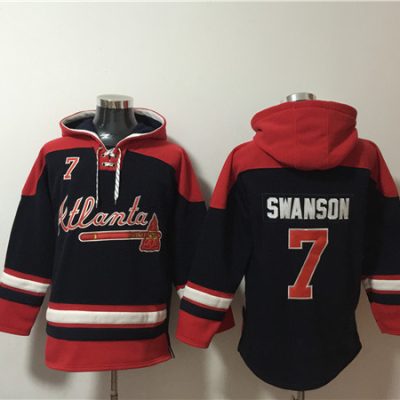 Atlanta Braves #7 Dansby Swanson Navy/Red Ageless Lace-Up Pullover Hoodie