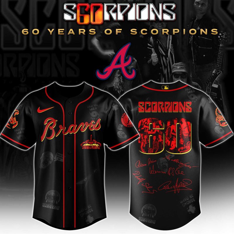 Atlanta Braves MLB x Scorpions 60th Anniversary Tour Personalized Baseball Jersey For Fans