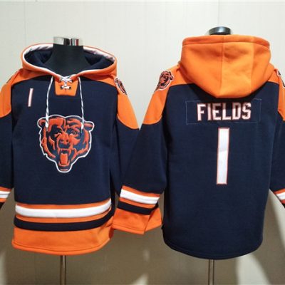 Chicago Bears #1 Justin Fields Navy Ageless Lace-Up Pullover Hoodie