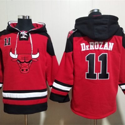 Chicago Bulls #11 DeMar DeRozan Red/Black Ageless Lace-Up Pullover Hoodie