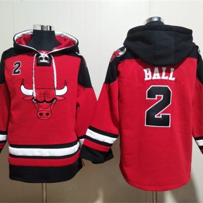 Chicago Bulls #2 Lonzo Ball Red/Black Ageless Lace-Up Pullover Hoodie