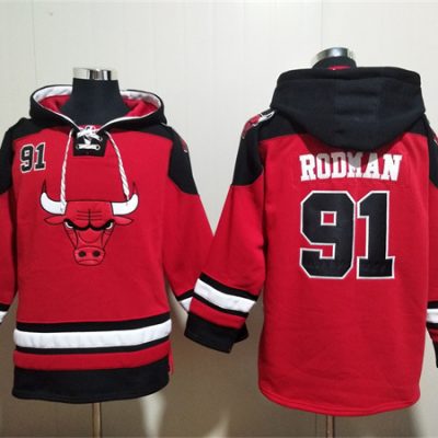 Chicago Bulls #91 Dennis Rodman Red/Black Ageless Lace-Up Pullover Hoodie