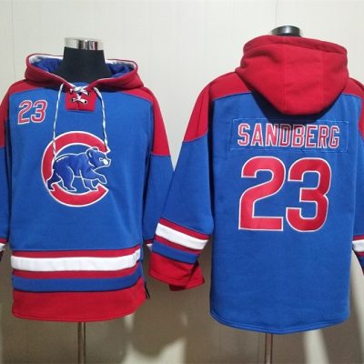 Chicago Cubs #23 Ryne Sandberg Royal/Red Ageless Lace-Up Pullover Hoodie