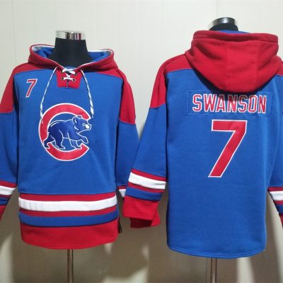 Chicago Cubs #7 Dansby Swanson Royal/Red Ageless Lace-Up Pullover Hoodie