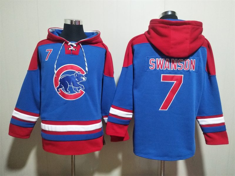 Chicago Cubs #7 Dansby Swanson Royal/Red Ageless Lace-Up Pullover Hoodie