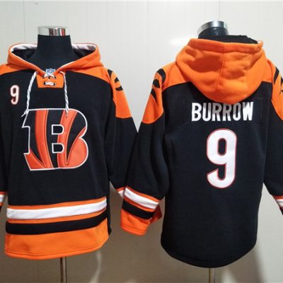 Cincinnati Bengals #9 Joe Burrow Orange/Black Ageless Lace-Up Pullover Hoodie