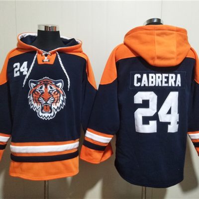 Detroit Tigers #24 Miguel Cabrera Navy/Orange Lace-Up Pullover Hoodie