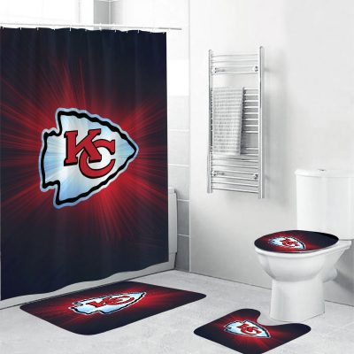 Kansas City Chiefs Art 2 Logo Waterproof Shower Curtain Non-Slip Toilet Lid Cover Bath Mat Bathroom Set BRS4326