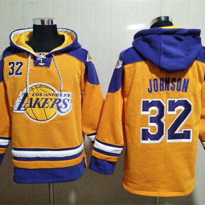Los Angeles Lakers #32 Magic Johnson Yellow Lace-Up Pullover Hoodie
