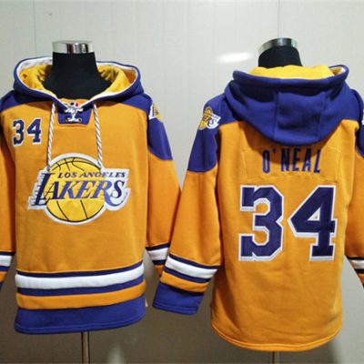 Los Angeles Lakers #34 Shaquille O'Neal Yellow Lace-Up Pullover Hoodie