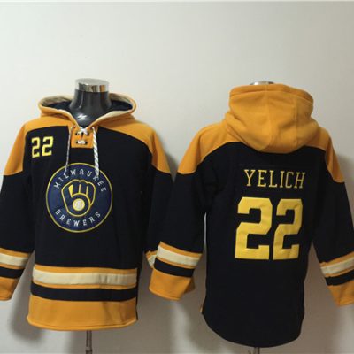 Milwaukee Brewers #22 Christian Yelich Black/Gold Ageless Lace-Up Pullover Hoodie