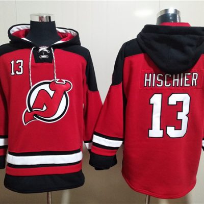 New Jersey Devils #13 Nico Hischier Red Ageless Lace-Up Pullover Hoodie