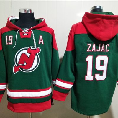 New Jersey Devils #19 Travis Zajac Green Ageless Lace-Up Pullover Hoodie