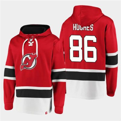 New Jersey Devils #86 Jack Hughes Red Ageless Lace-Up Pullover Hoodie