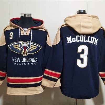 New Orleans Pelicans #3 CJ McCollum Navy Ageless Lace-Up Pullover Hoodie