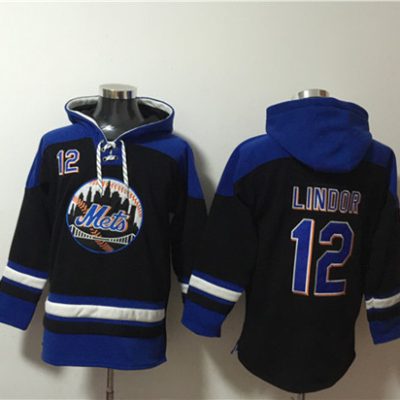 New York Mets #12 Francisco Lindor Black/Blue Ageless Lace-Up Pullover Hoodie