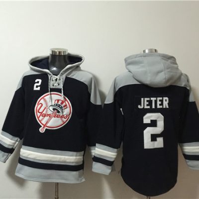 New York Yankees #2 Derek Jeter Black/Grey Ageless Lace-Up Pullover Hoodie