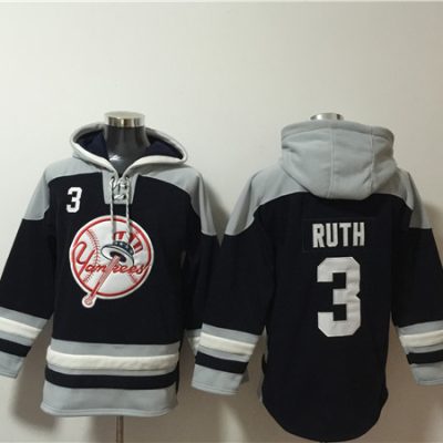New York Yankees #3 Babe Ruth Black/Grey Ageless Lace-Up Pullover Hoodie
