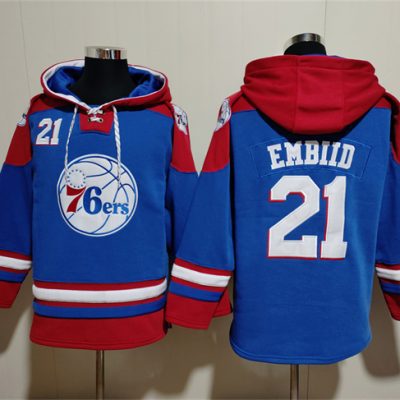 Philadelphia 76ers #21 Joel Embiid Royal/Red Lace-Up Pullover Hoodie