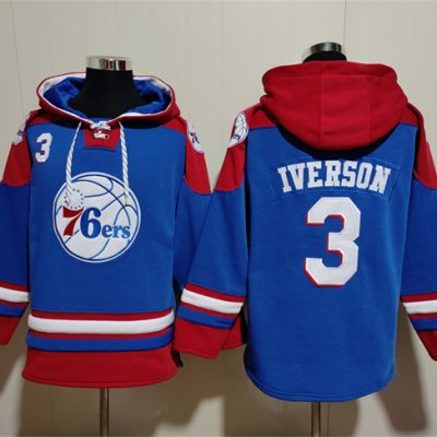 Philadelphia 76ers #3 Allen Iverson Royal/Red Lace-Up Pullover Hoodie