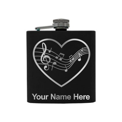 Stainless Steel Flask Music Staff Heart Personalized Engraving Included (Stainless Steel)
