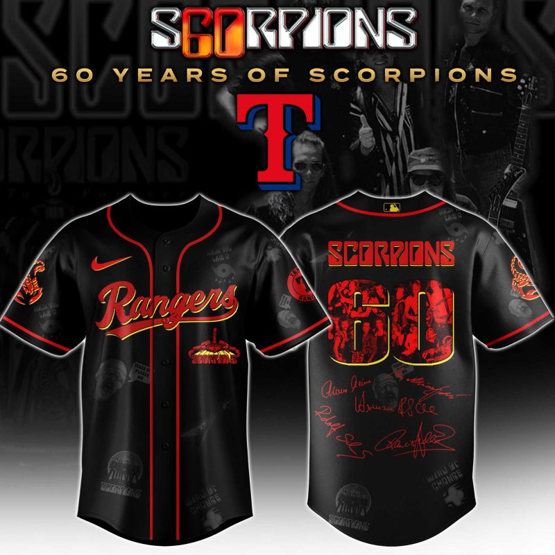 Texas Rangers MLB x Scorpions 60th Anniversary Tour Personalized Baseball Jersey For Fans